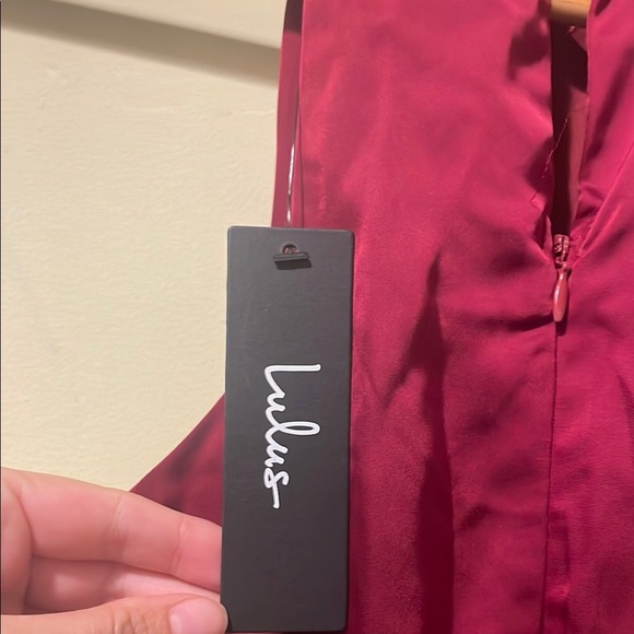 Womens New Lulu's Distinctive Charm Burgundy Satin Asymmetrical Midi Dress - Picture 8 of 9